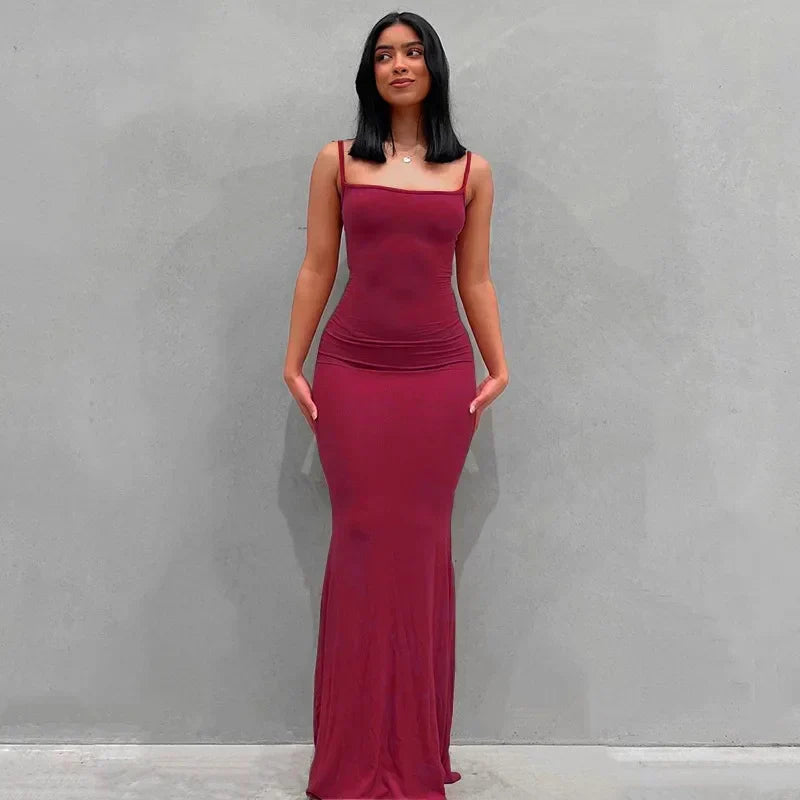 Square Neck Spaghetti Strap Ruched Bodycon Floor Length Maxi Dress