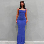 Square Neck Spaghetti Strap Ruched Bodycon Floor Length Maxi Dress