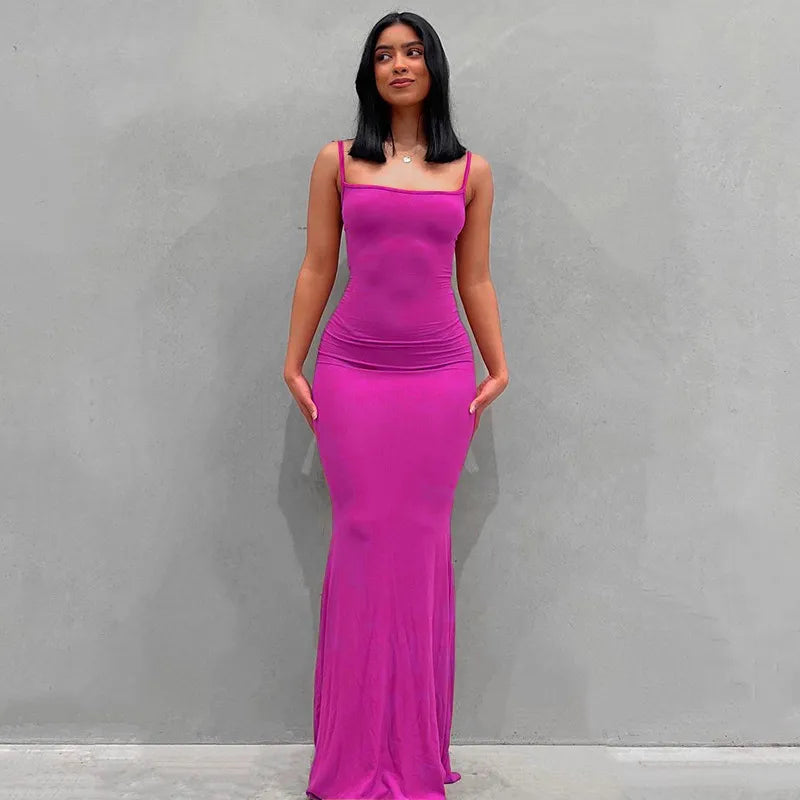 Square Neck Spaghetti Strap Ruched Bodycon Floor Length Maxi Dress