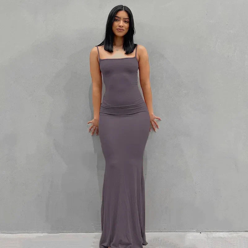 Square Neck Spaghetti Strap Ruched Bodycon Floor Length Maxi Dress