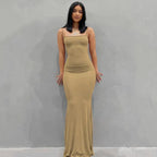 Square Neck Spaghetti Strap Ruched Bodycon Floor Length Maxi Dress
