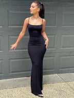 Square Neck Spaghetti Strap Ruched Bodycon Floor Length Maxi Dress