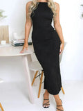 Plisse Textured High Neck Sleeveless Bodycon Maxi Dress