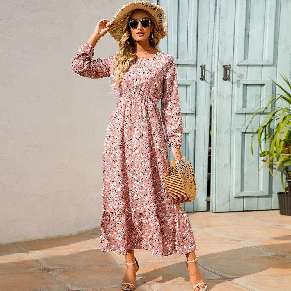 Floral Ditsy Print Long Sleeve Smocked Waist Tiered Ruffle Hem Maxi Dress