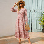 Floral Ditsy Print Long Sleeve Smocked Waist Tiered Ruffle Hem Maxi Dress