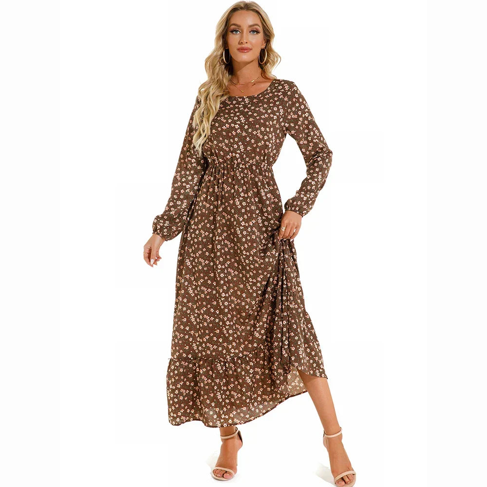 Floral Ditsy Print Long Sleeve Smocked Waist Tiered Ruffle Hem Maxi Dress