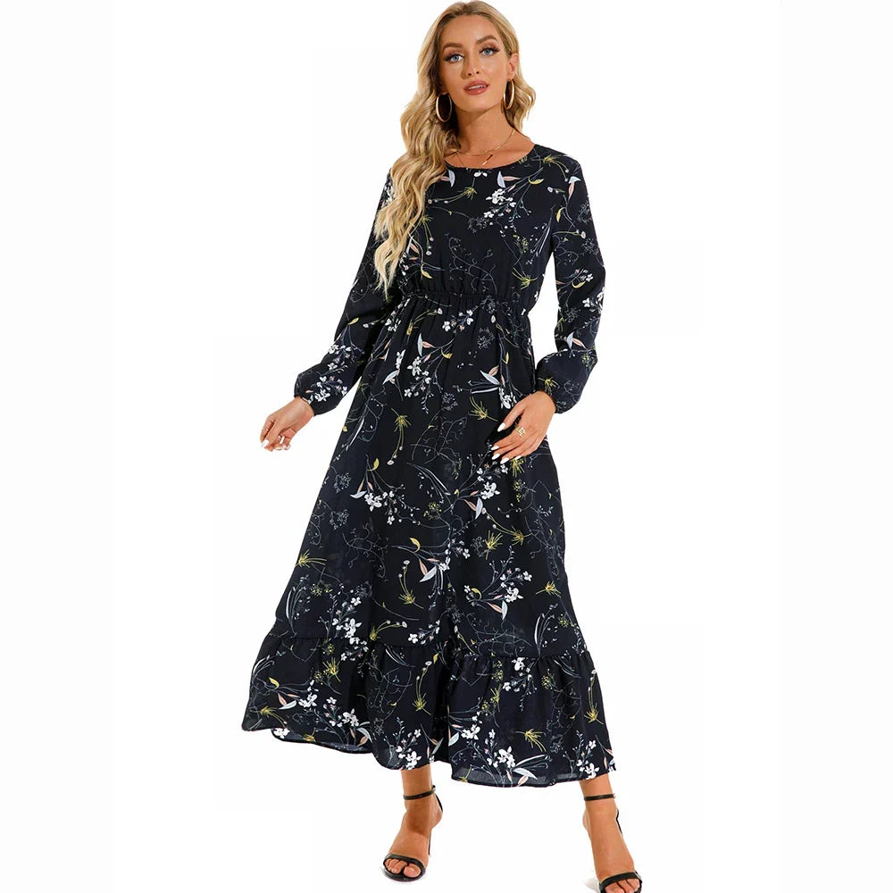 Floral Ditsy Print Long Sleeve Smocked Waist Tiered Ruffle Hem Maxi Dress