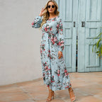Floral Ditsy Print Long Sleeve Smocked Waist Tiered Ruffle Hem Maxi Dress