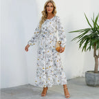 Floral Ditsy Print Long Sleeve Smocked Waist Tiered Ruffle Hem Maxi Dress