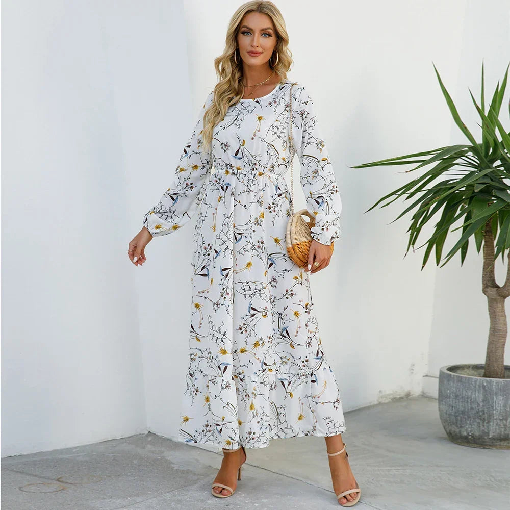 Floral Ditsy Print Long Sleeve Smocked Waist Tiered Ruffle Hem Maxi Dress