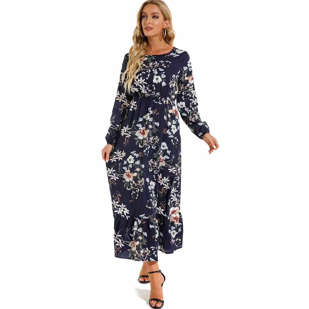 Floral Ditsy Print Long Sleeve Smocked Waist Tiered Ruffle Hem Maxi Dress