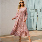Floral Ditsy Print Long Sleeve Smocked Waist Tiered Ruffle Hem Maxi Dress