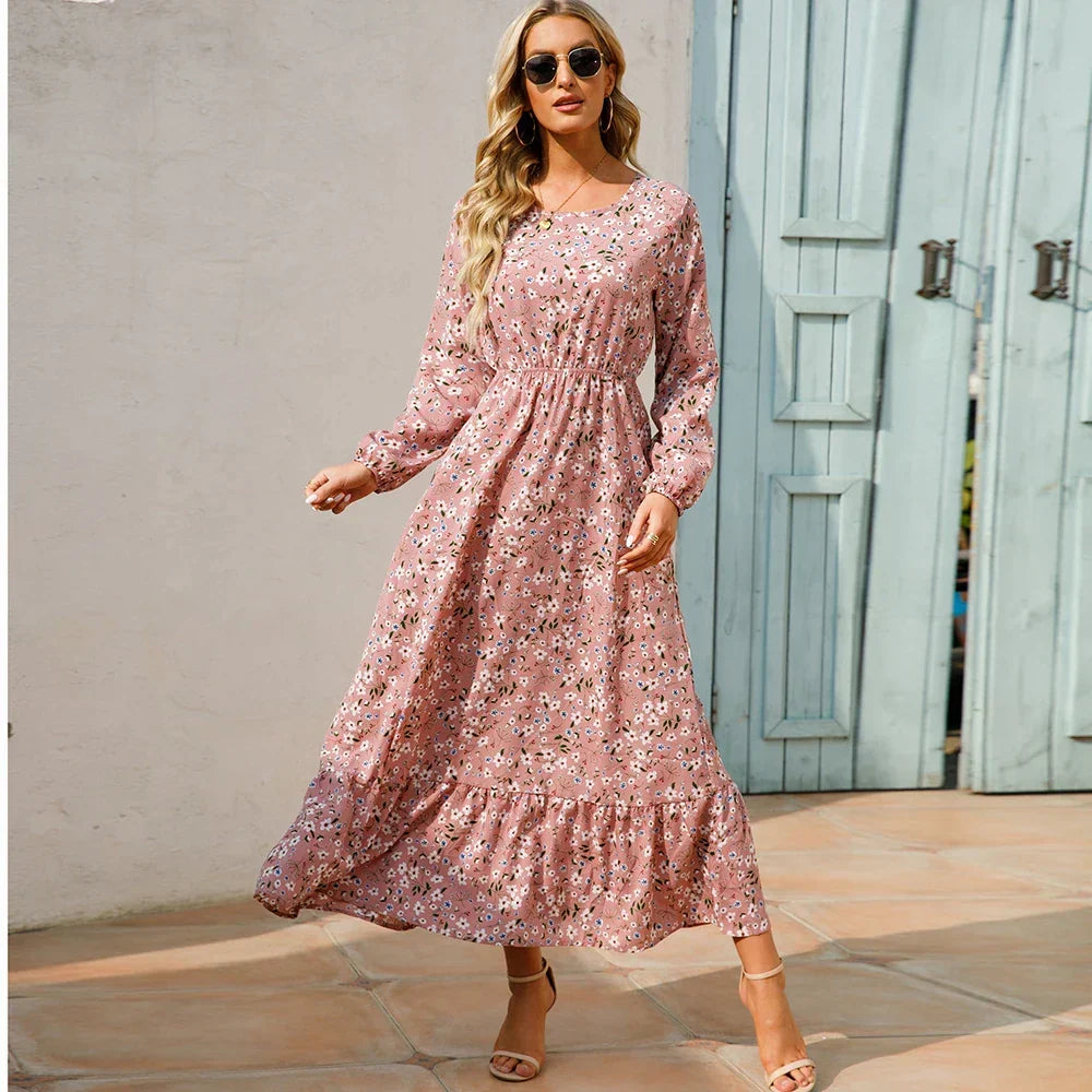 Floral Ditsy Print Long Sleeve Smocked Waist Tiered Ruffle Hem Maxi Dress