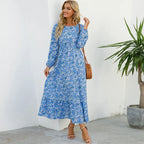 Floral Ditsy Print Long Sleeve Smocked Waist Tiered Ruffle Hem Maxi Dress