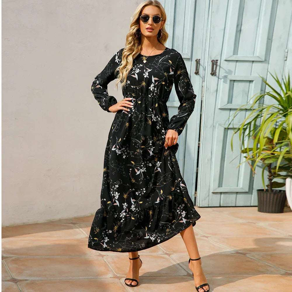 Floral Ditsy Print Long Sleeve Smocked Waist Tiered Ruffle Hem Maxi Dress