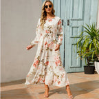 Floral Ditsy Print Long Sleeve Smocked Waist Tiered Ruffle Hem Maxi Dress