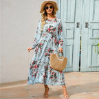 Floral Ditsy Print Long Sleeve Smocked Waist Tiered Ruffle Hem Maxi Dress