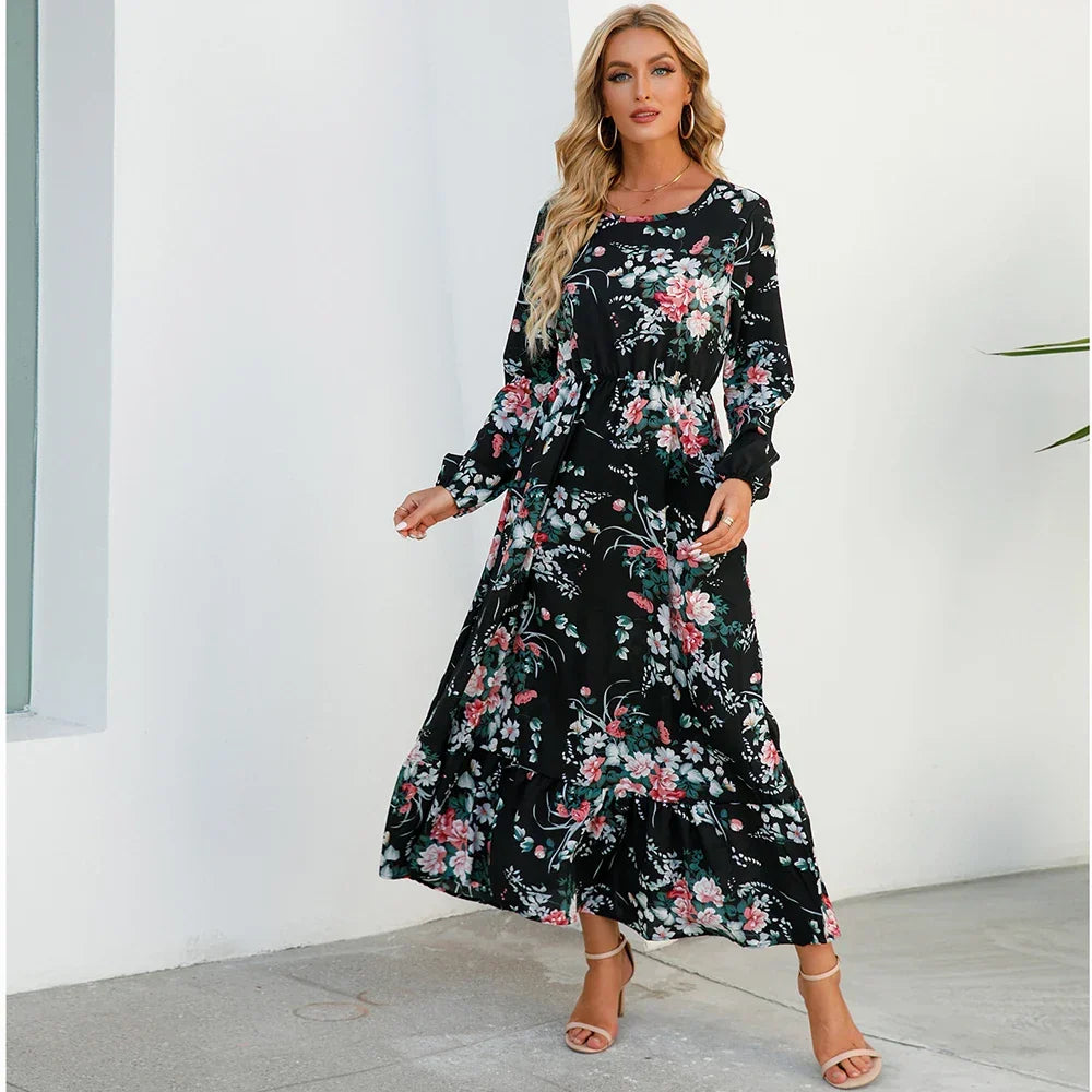 Floral Ditsy Print Long Sleeve Smocked Waist Tiered Ruffle Hem Maxi Dress