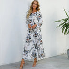 Floral Ditsy Print Long Sleeve Smocked Waist Tiered Ruffle Hem Maxi Dress