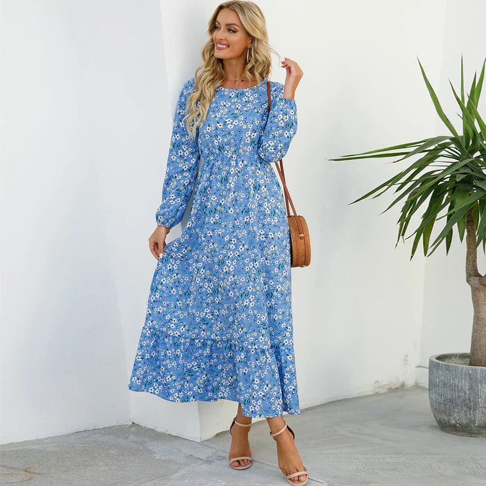Floral Ditsy Print Long Sleeve Smocked Waist Tiered Ruffle Hem Maxi Dress