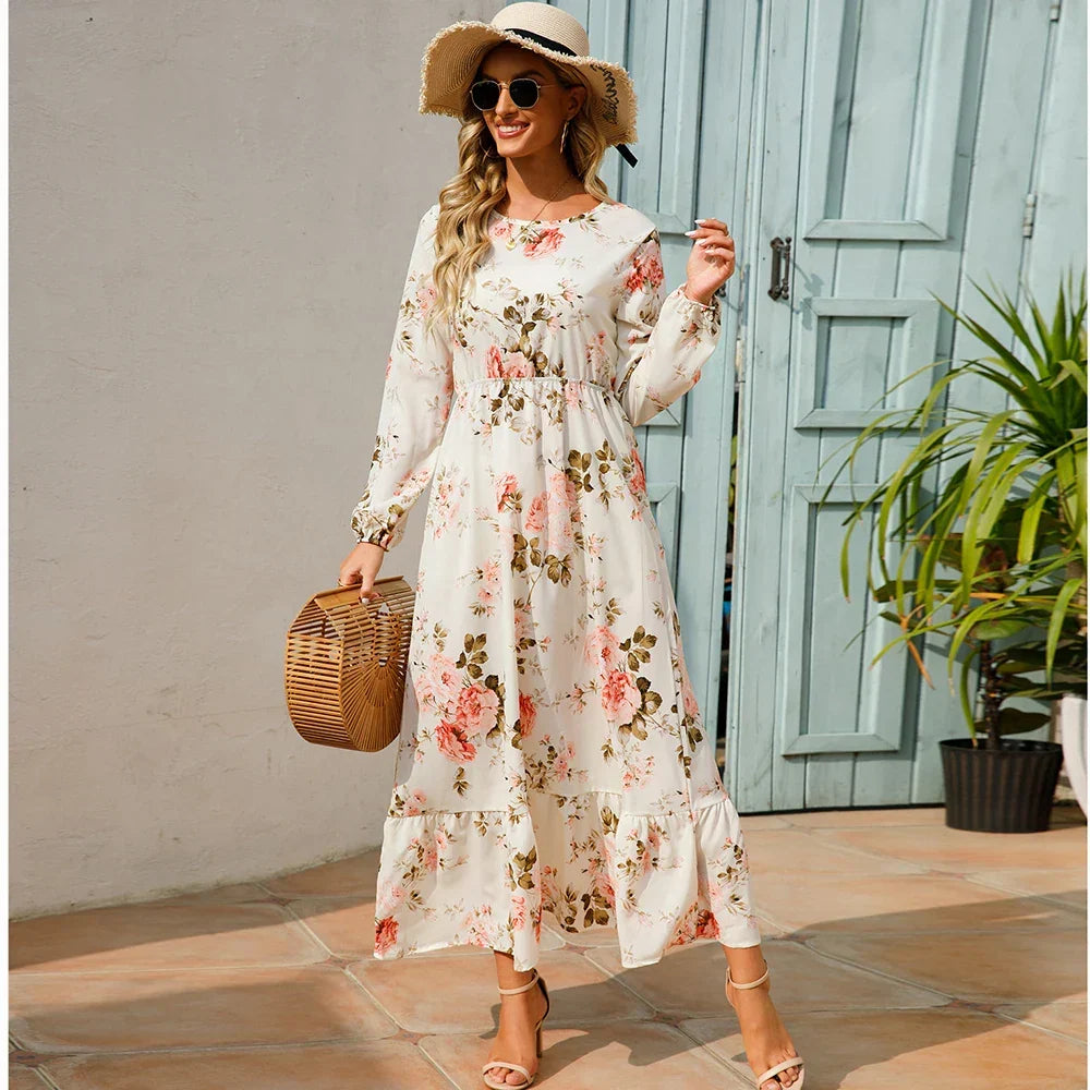 Floral Ditsy Print Long Sleeve Smocked Waist Tiered Ruffle Hem Maxi Dress