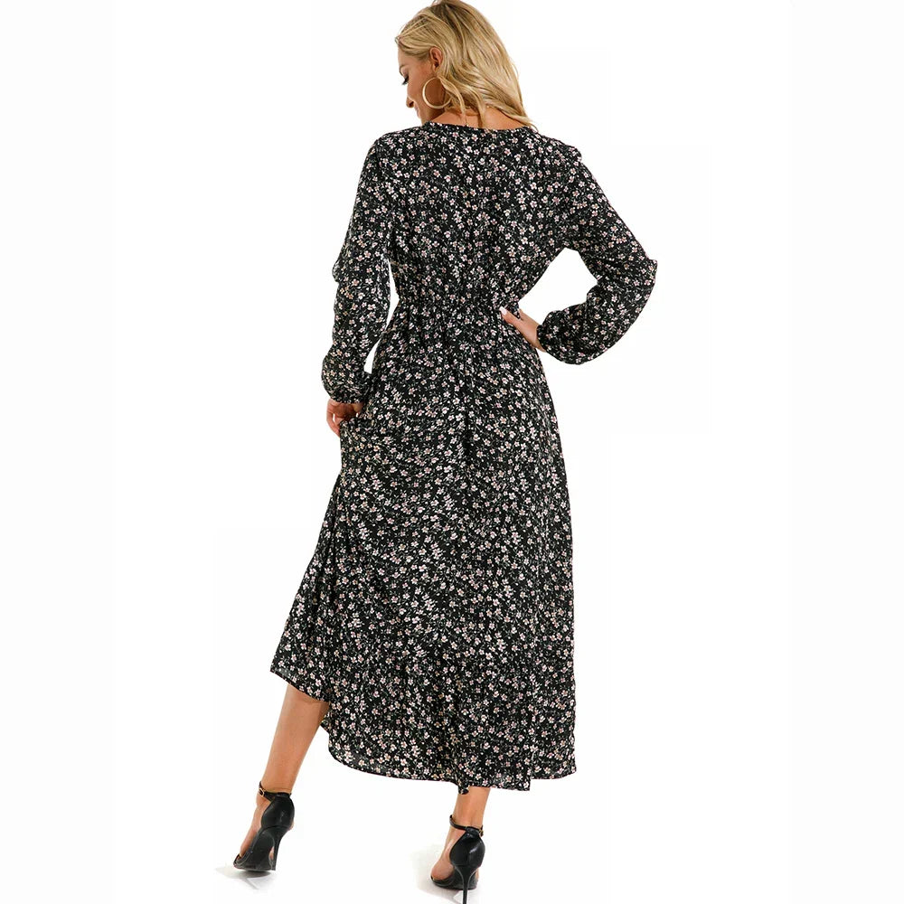 Floral Ditsy Print Long Sleeve Smocked Waist Tiered Ruffle Hem Maxi Dress