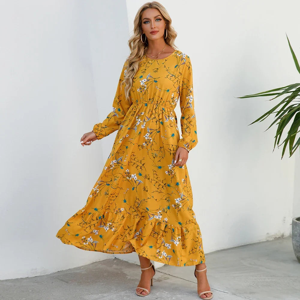 Floral Ditsy Print Long Sleeve Smocked Waist Tiered Ruffle Hem Maxi Dress
