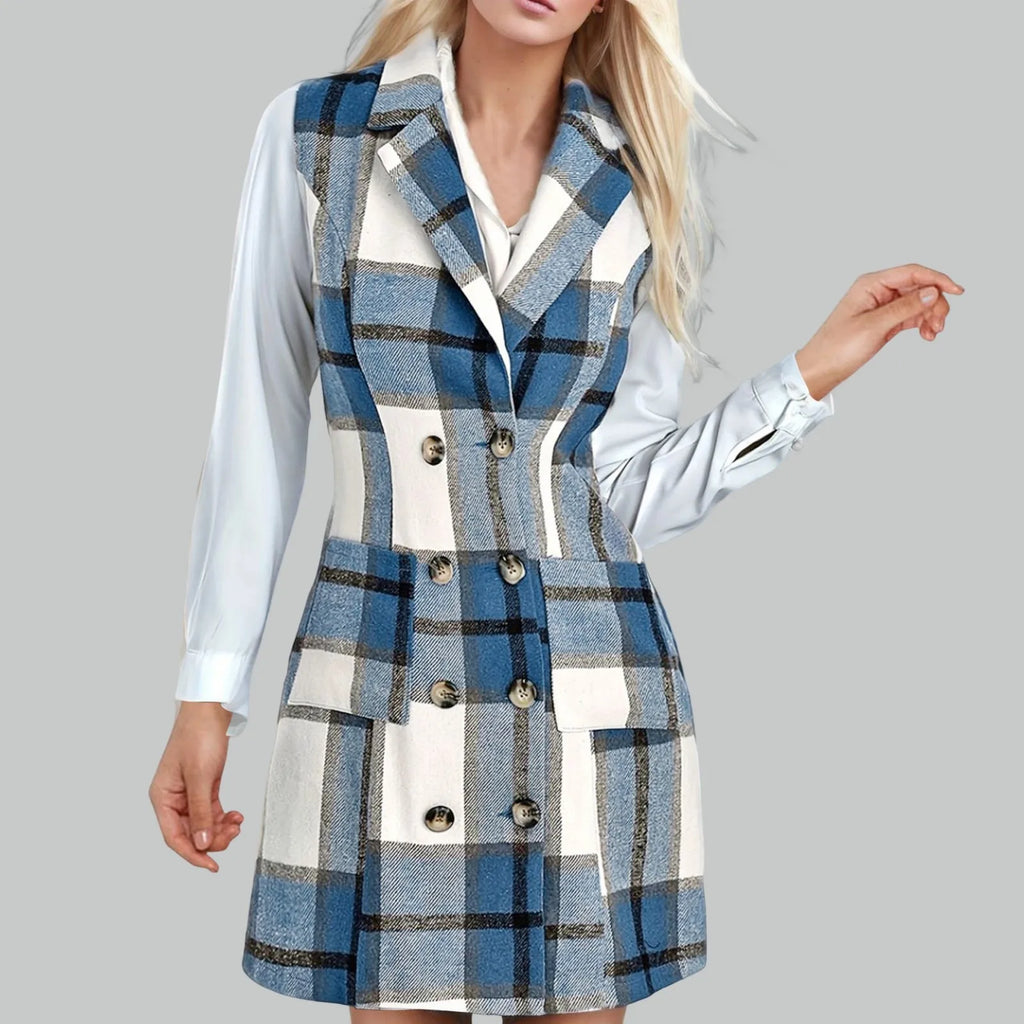 Plaid Double Breasted Notched Lapel Sleeveless Blazer Mini Dress