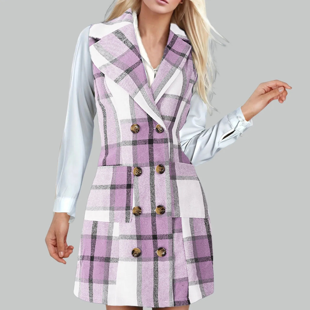 Plaid Double Breasted Notched Lapel Sleeveless Blazer Mini Dress