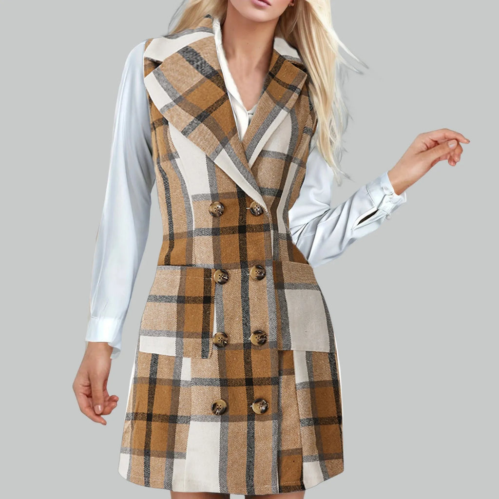 Plaid Double Breasted Notched Lapel Sleeveless Blazer Mini Dress