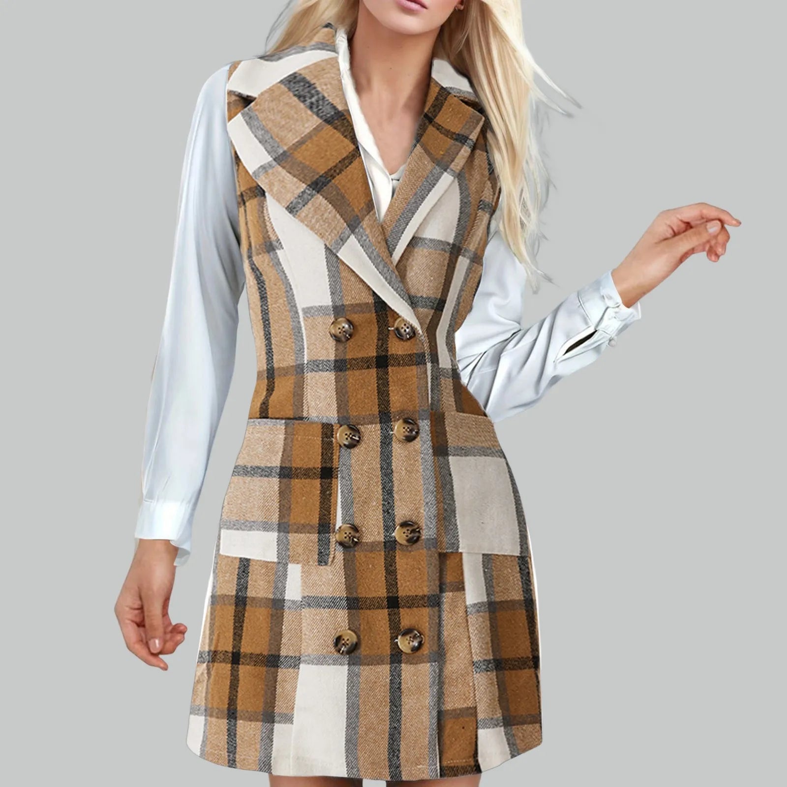 Plaid Double Breasted Notched Lapel Sleeveless Blazer Mini Dress
