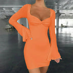Square Neck Twist Front Flare Sleeve Bodycon Mini Dress