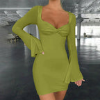 Square Neck Twist Front Flare Sleeve Bodycon Mini Dress