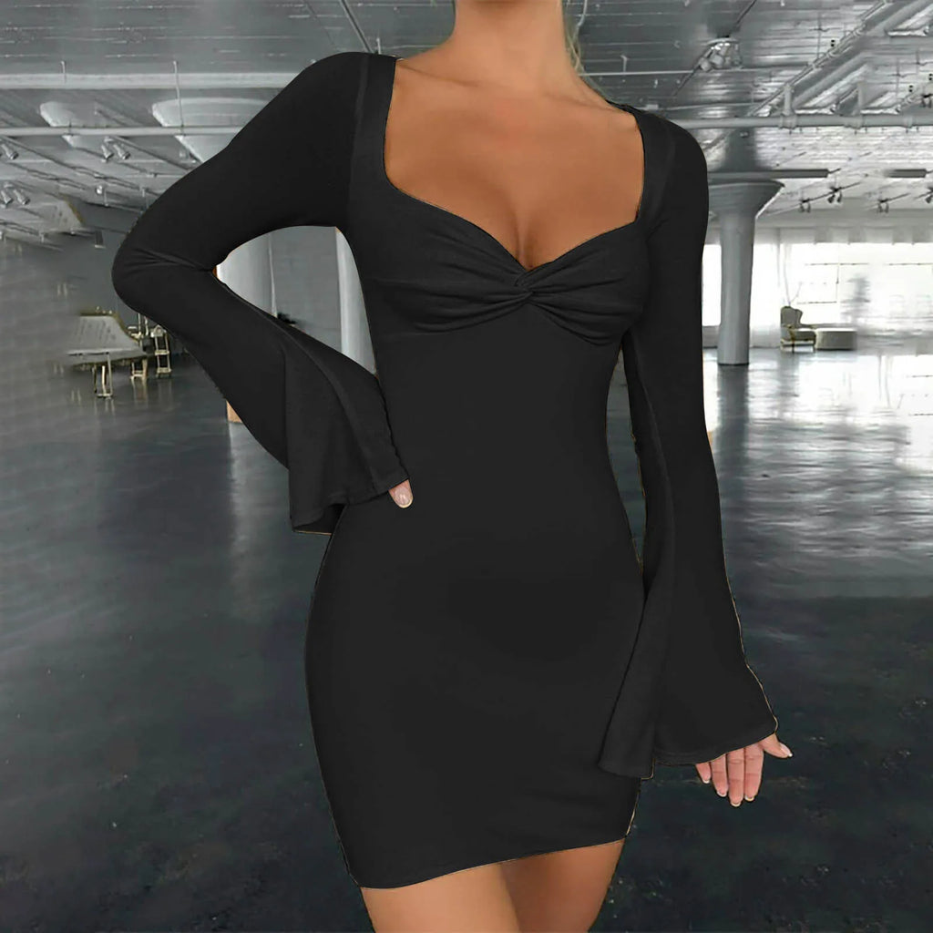 Square Neck Twist Front Flare Sleeve Bodycon Mini Dress