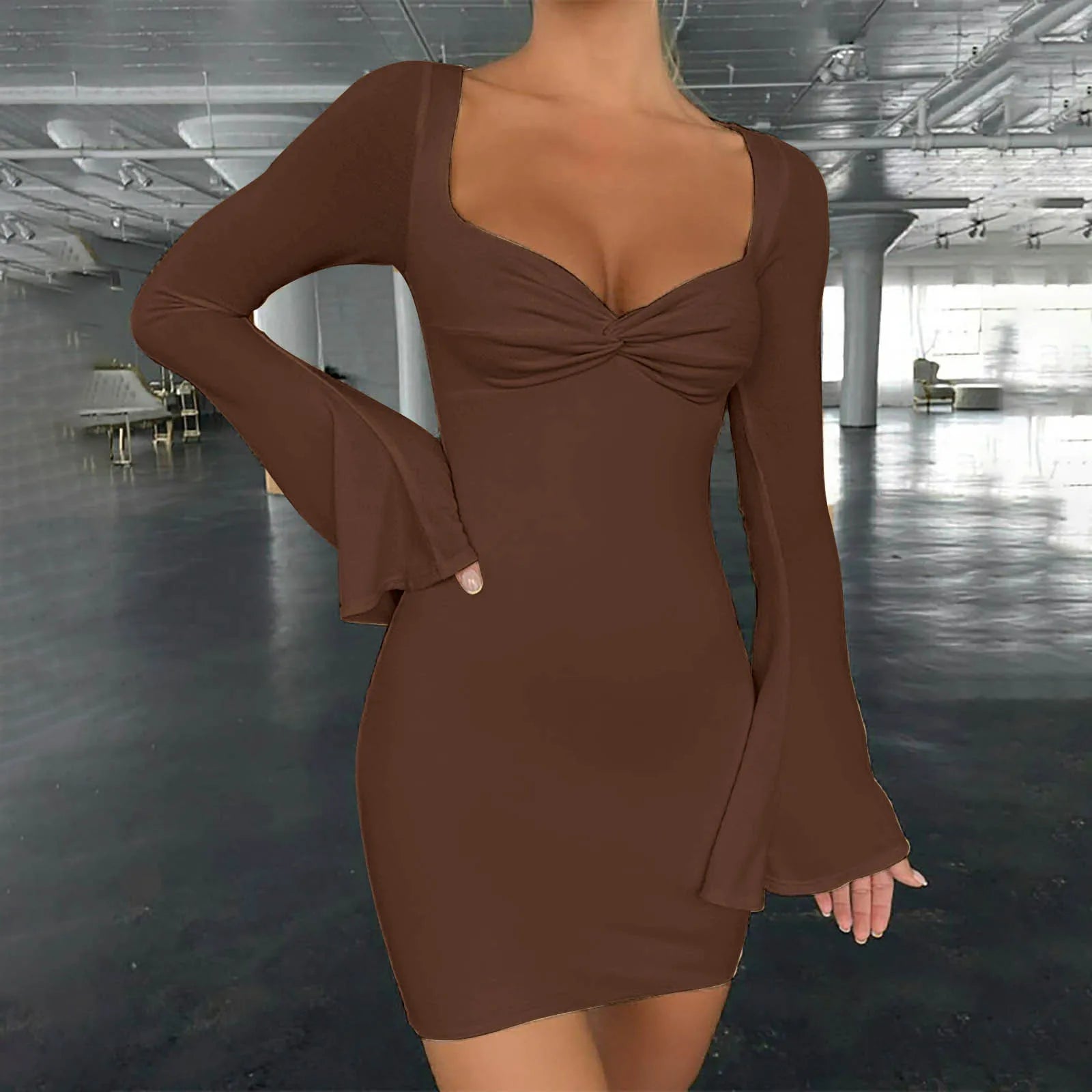 Square Neck Twist Front Flare Sleeve Bodycon Mini Dress