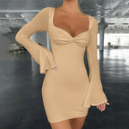 Square Neck Twist Front Flare Sleeve Bodycon Mini Dress