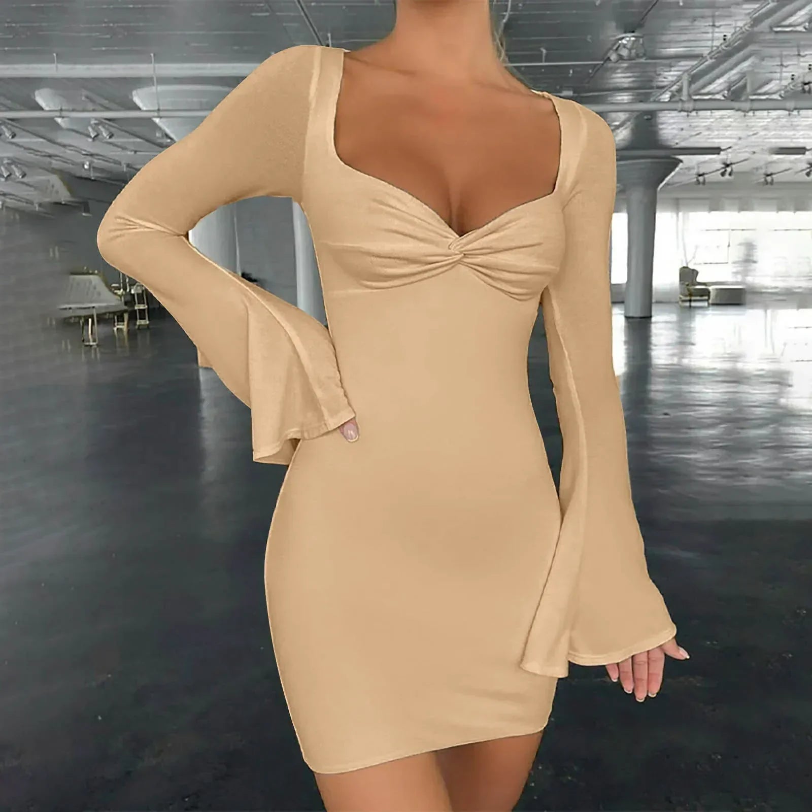Square Neck Twist Front Flare Sleeve Bodycon Mini Dress