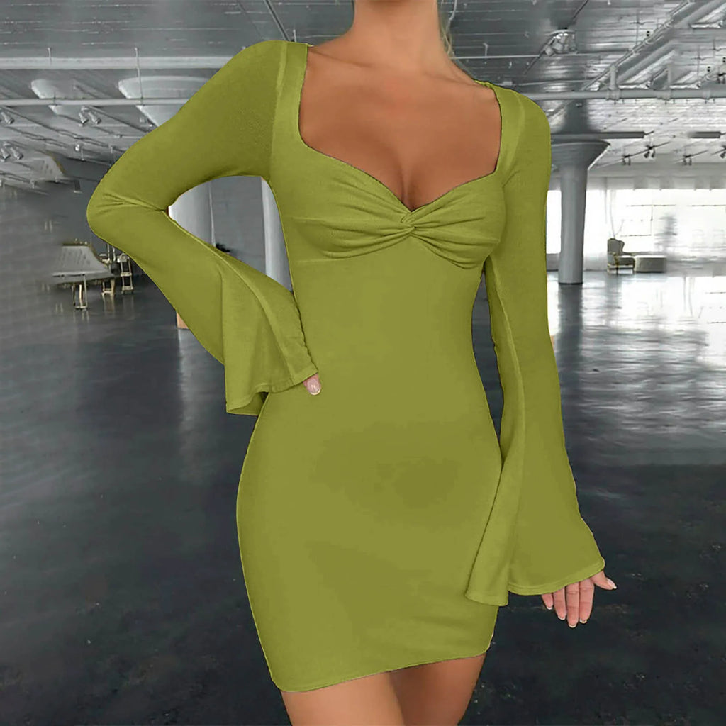 Square Neck Twist Front Flare Sleeve Bodycon Mini Dress