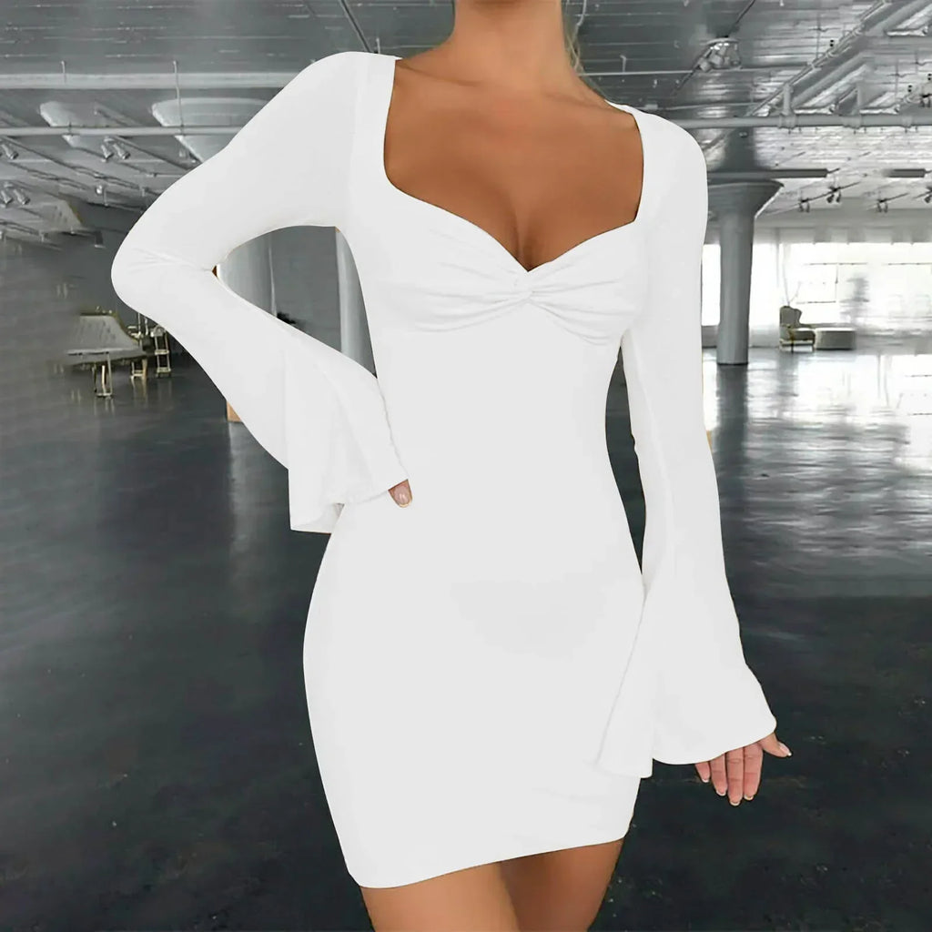 Square Neck Twist Front Flare Sleeve Bodycon Mini Dress