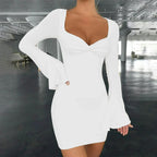 Square Neck Twist Front Flare Sleeve Bodycon Mini Dress