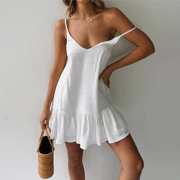 V-Neck Spaghetti Strap Ruffle Flounce Hem Linen Shift Mini Dress