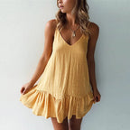 Linen Texture Spaghetti Strap Tiered Ruffle Hem Mini Dress
