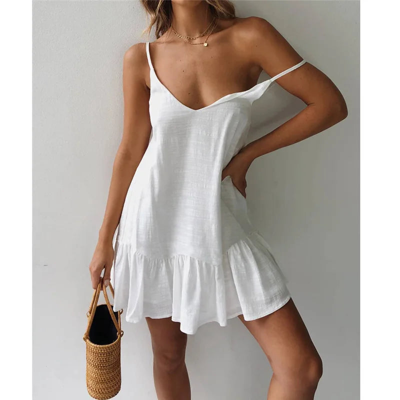 Linen Texture Spaghetti Strap Tiered Ruffle Hem Mini Dress