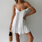 Linen Texture Spaghetti Strap Tiered Ruffle Hem Mini Dress