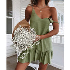 Linen Texture Spaghetti Strap Tiered Ruffle Hem Mini Dress