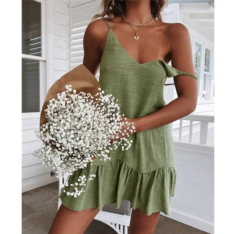 Linen Texture Spaghetti Strap Tiered Ruffle Hem Mini Dress