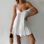 Linen Texture Spaghetti Strap Tiered Ruffle Hem Mini Dress