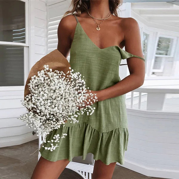 V-Neck Spaghetti Strap Ruffle Flounce Hem Linen Shift Mini Dress