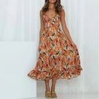 Abstract Print Spaghetti Strap Ruched Bust Ruffle Hem Midi Dress