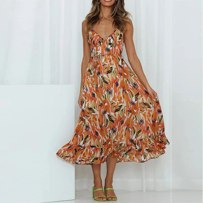 Abstract Print Spaghetti Strap Ruched Bust Ruffle Hem Midi Dress